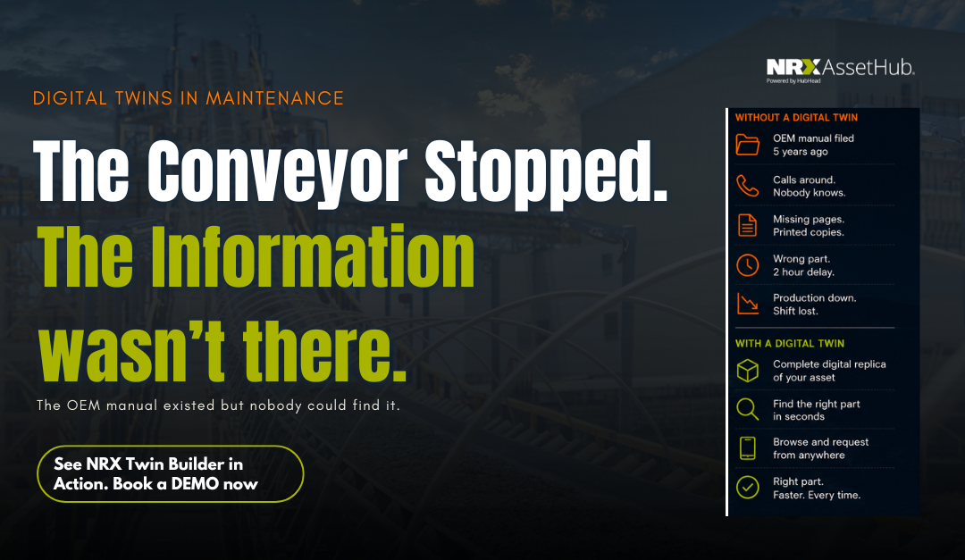 Illustration comparing maintenance with and without digital twins. A conveyor shutdown highlights how AI-powered digital twins help maintenance teams quickly find OEM manuals, identify the correct spare parts, reduce downtime, and improve asset data quality with NRX Twin Builder.